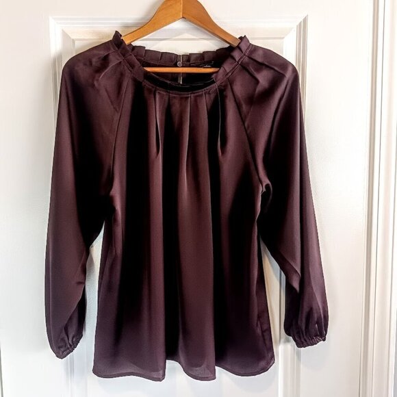 Ann Taylor Brown Pleated Ruffle Neck Tunic Top NWT - Picture 2 of 6